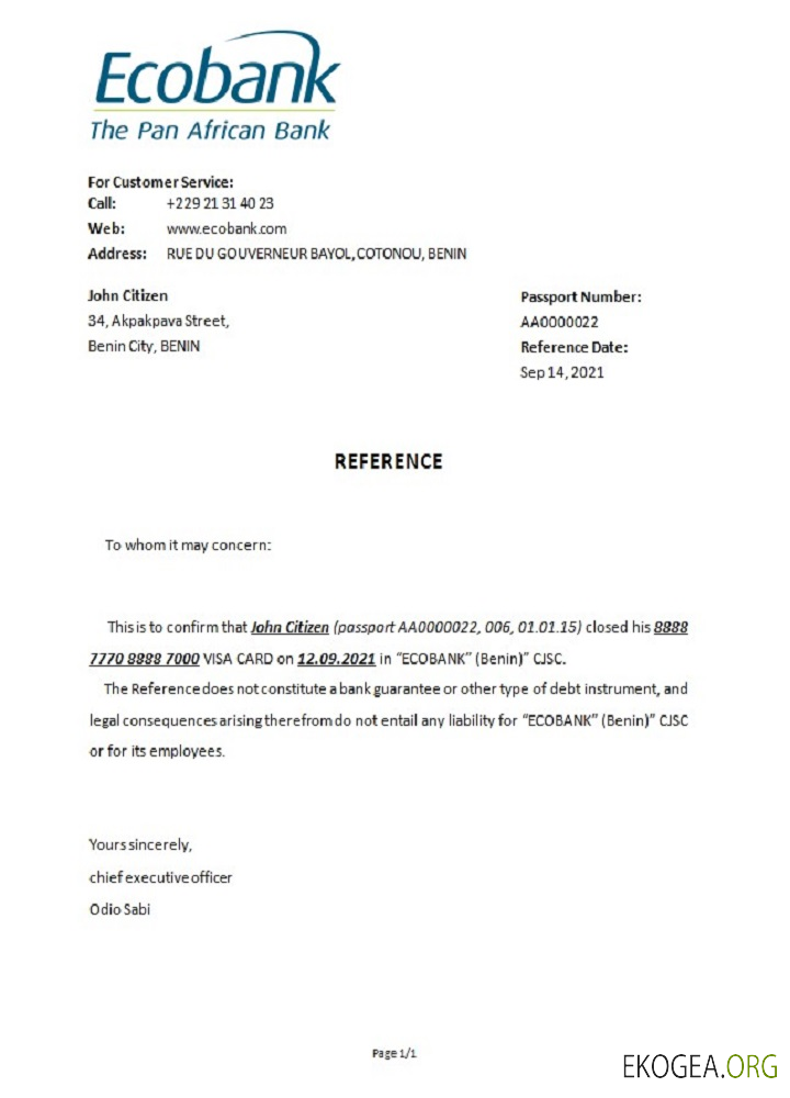 Référence Bénin , Ecobank , closure